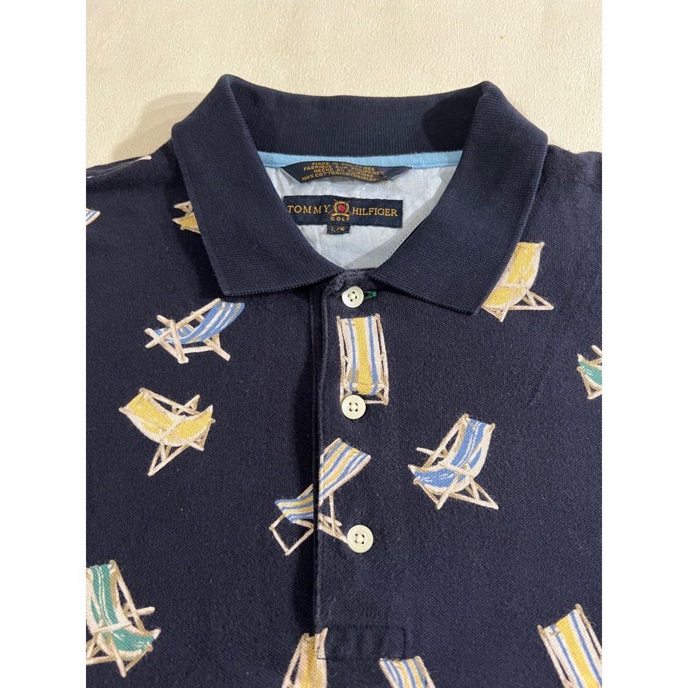 Vintage Tommy Hilfiger Golf Men Polo Shirt Navy Beach Chairs Print Short Sleeve - Picture 8 of 16